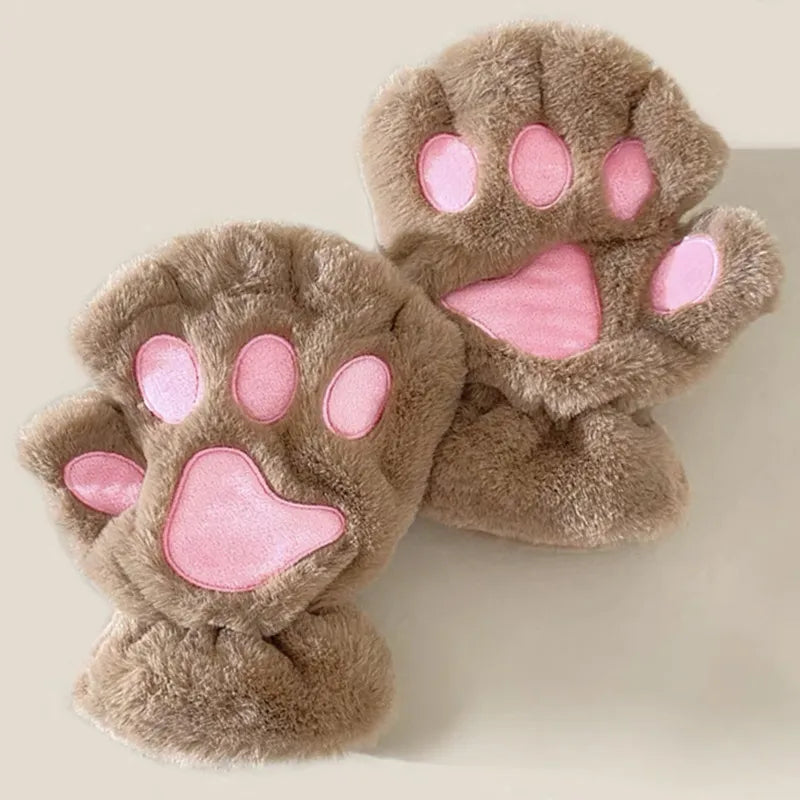 Cartoon Cute Cat Claw Paw Gloves - Women's Plush Mittens for Warmth and Style - Soft, Fingerless, Fluffy Bear Cat Costume Gloves