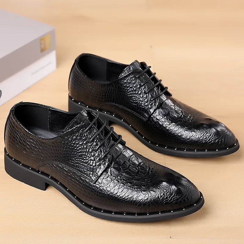 Men’s Genuine Leather Crocodile Pattern Oxford Shoes - Luxury Lace-Up Wedding Party Business Office Dress Shoes