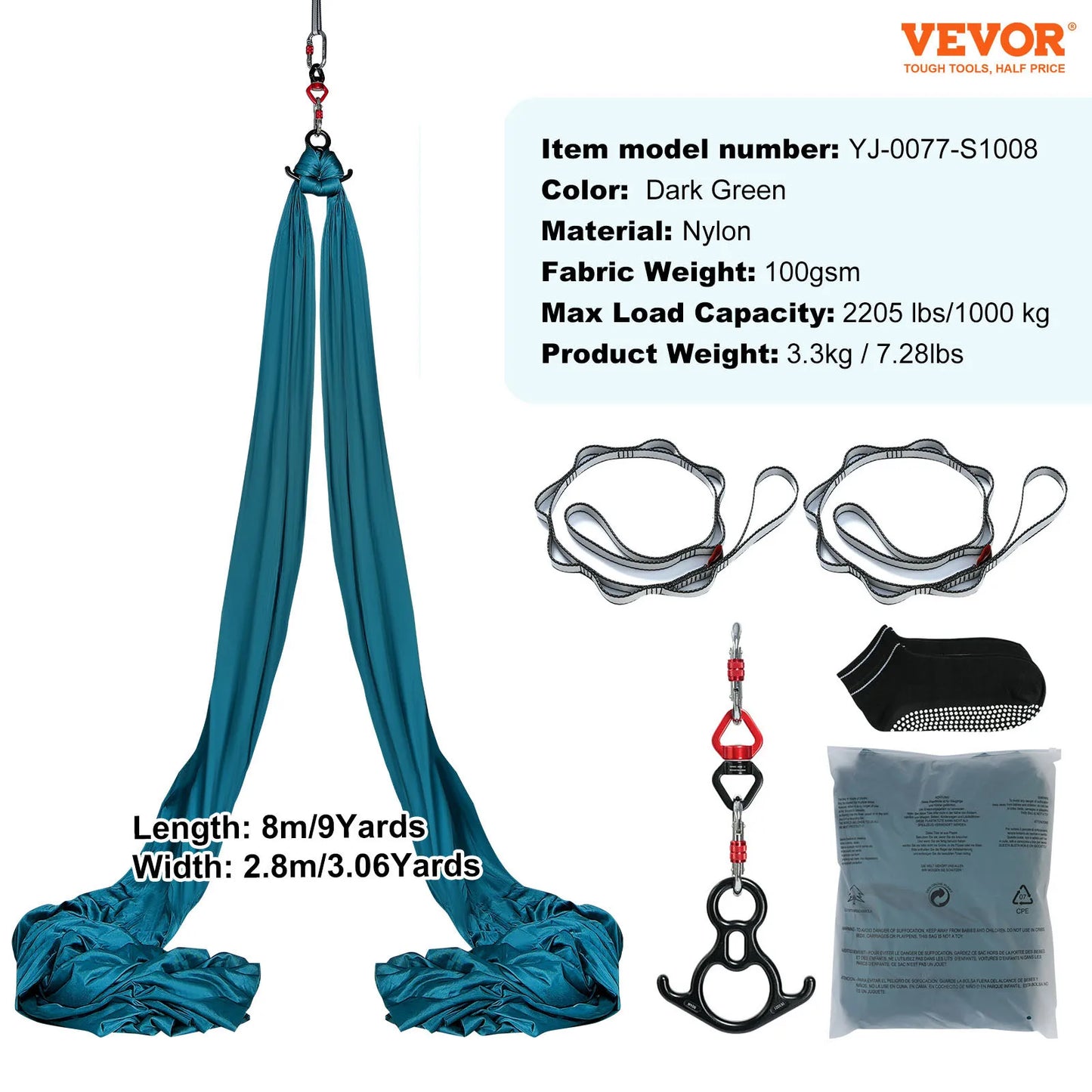 SucceBuy 8.7/11 Yards Aerial Yoga Hammock & Swing Starter Kit – Aerial Silk Fabric Yoga Strap Accessory for All Fitness Levels
