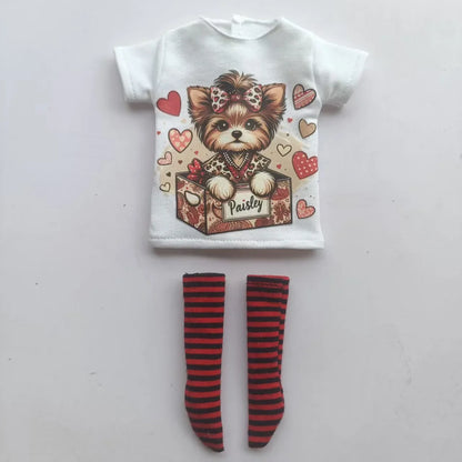 Handmade OB24 1/6 Blyth Doll Clothes – Cartoon T-Shirt with Striped Socks for 1/6 Doll Accessories