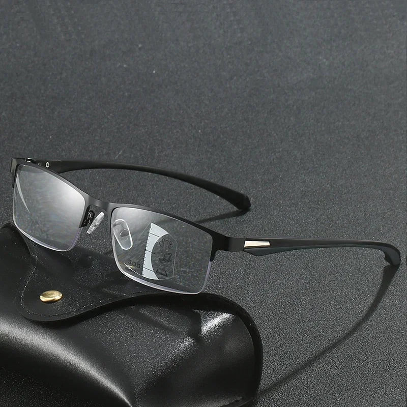 Progressive Multifocal Photochromic Reading Glasses – Anti-Blue Light Half Frame for Men with Presbyopia & Far Sight Protection