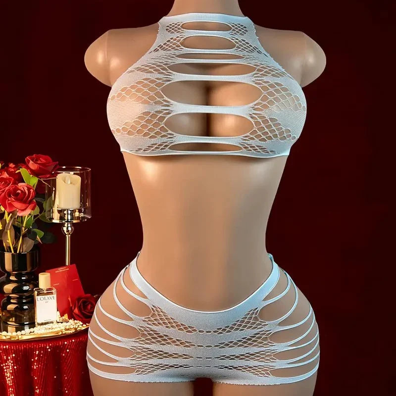 Sexy Fishnet Lingerie Bodysuit - Transparent Mesh Hollow Body Suit with Matching Panties