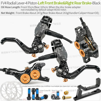 Frog Wake FV4 Mountain Bike Hydraulic Disc Brake Kit – 180mm Rotors, Aluminum 4-Piston Calipers & Levers for MTB