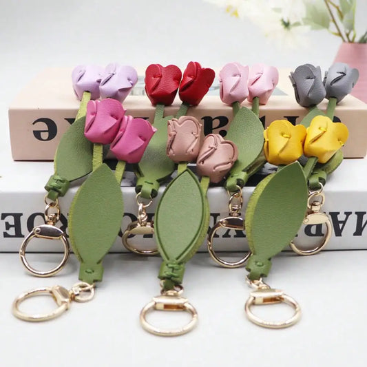 Fashion Tulip PU Leather Bag Charm Keychain – Cute Flower & Leaf Pendant, Creative Handbag Decoration Gift for Family & Friends