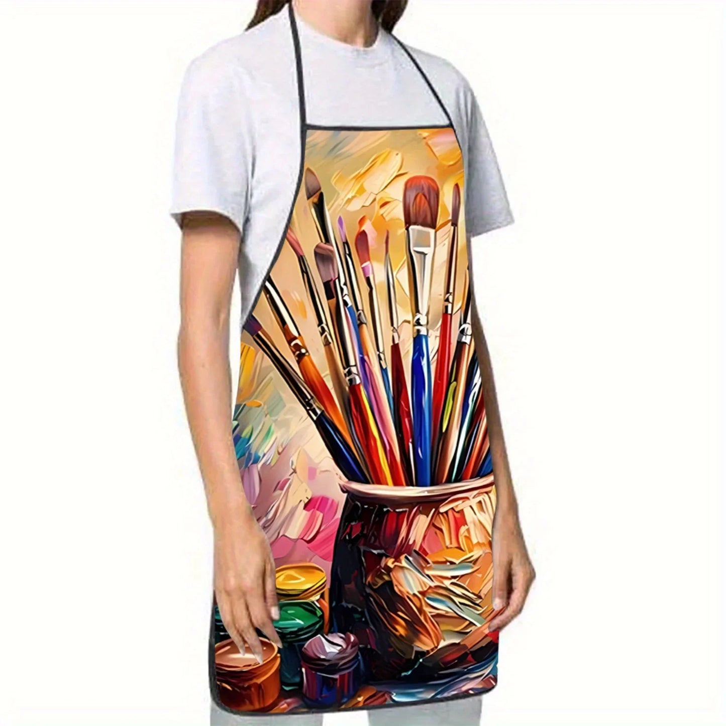Unisex Printed Polyester Apron – Brush & Paint Can Design, Household Kitchen & Baking Work Apron