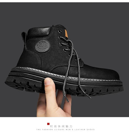 High Top Leather Boots for Men & Women – Fashion Lace-Up Outdoor Sneakers, Non-Slip Casual Ankle Shoes for Couples