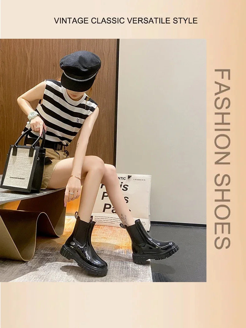 Women’s Shiny Color Fashion Rain Boots – Four-Season Waterproof Mid-Tube Ankle Outdoor Shoes