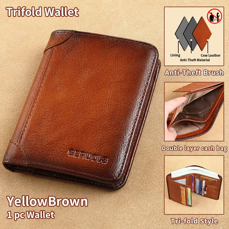 GERUOLA Slim RFID Genuine Leather Wallet for Men – Multifunctional Credit Card & ID Holder, Dark Brown Minimalist Bifold Wallet