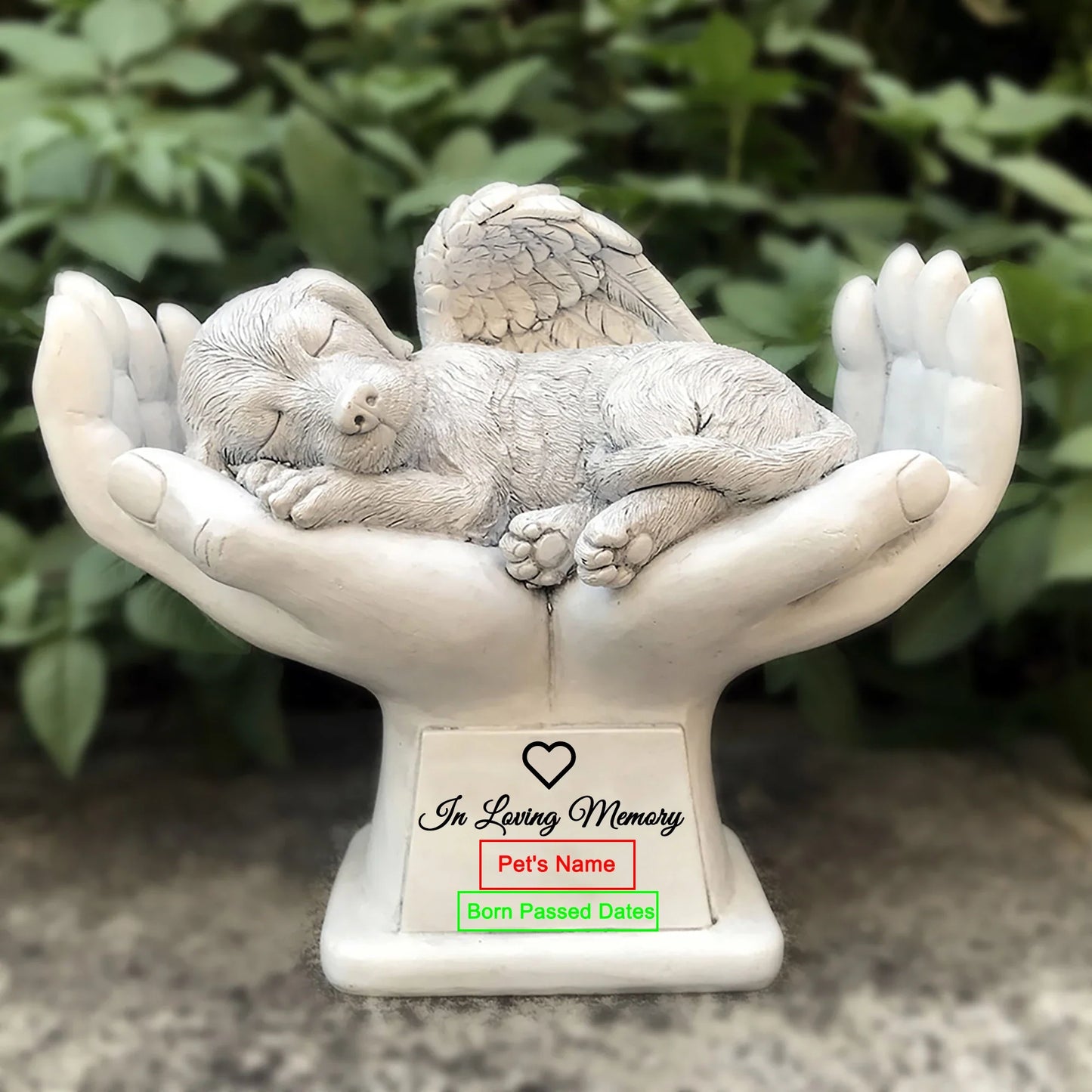 Personalized Dog Memorial Grave Marker – Angel Statue Stone with "In God's Hands" for Pet Headstone & Garden Tribute