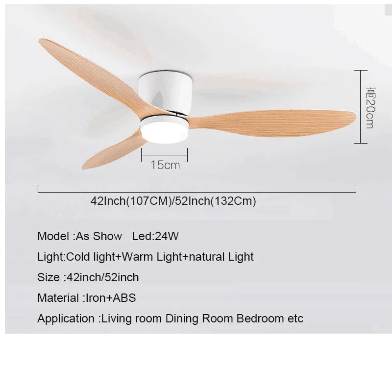 42-52 Inch Ceiling Fans with DC Motor — Remote Control Low Floor Cooling Fans, No Light, White Wood & Black Options