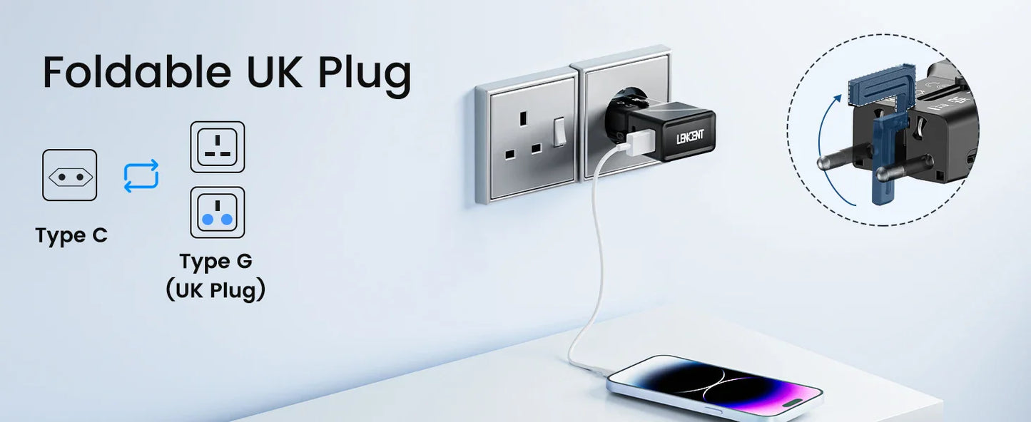 LENCENT Universal Travel Adapter – USB QC 3.0 & PD 20W Type-C Fast Charger for US, EU, UK, AUS Travel