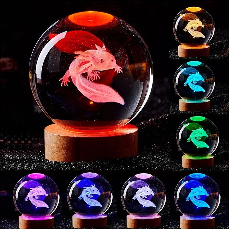3D Axolotl Crystal Ball Night Light - Laser Engraved Colorful LED Birthday Gift & Cute Home Decoration