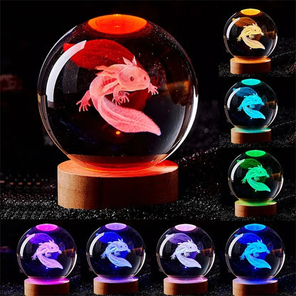 3D Axolotl Crystal Ball Night Light - Laser Engraved Colorful LED Birthday Gift & Cute Home Decoration
