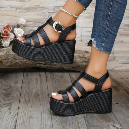 Women’s Summer Ankle Buckle Wedge Sandals – Patchwork Platform Breathable Non-Slip Soft Sole Gladiator Shoes