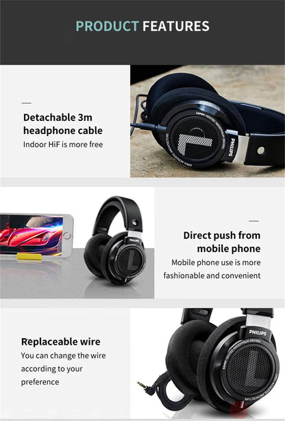 Philips SHP9500 HiFi Stereo Headphones - Wired Earphones for Computer, Online Learning, Esports, 3.5mm/6.3mm Universal Headset