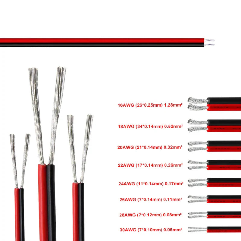 2-Pin Red & Black Extension Cable – PVC/Silicone Tinned Copper Wire (16–28 AWG)