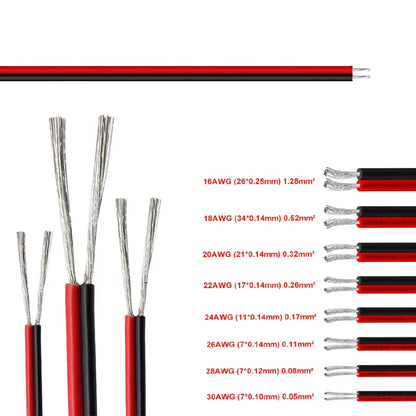 2-Pin Red & Black Extension Cable – PVC/Silicone Tinned Copper Wire (16–28 AWG)