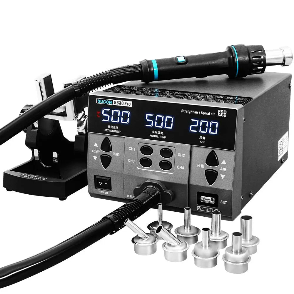 SUGON 8630Pro 1300W Hot Air Gun - Digital Display BGA Rework Station with Curved Nozzle for Welding & Desoldering Repair