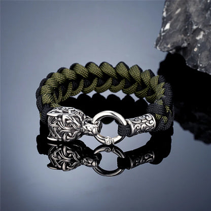 Vintage Norse Runes Celtic Wolf Survival Rope Bracelet - Handmade Stainless Steel Wristband for Men, Vikings Jewelry