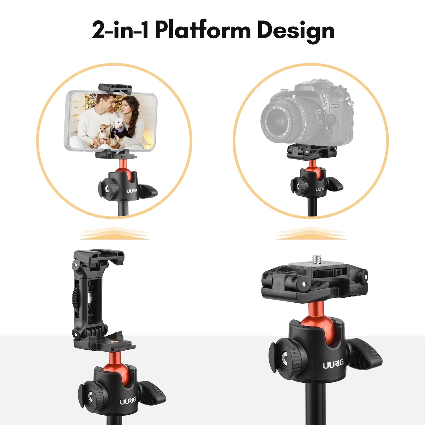 UURIG TP-02/TP-03 Selfie Stick Tripod — Flexible Ball, 130cm Max Height with 1/4'' Screw for Smartphone & Camera Vlogging