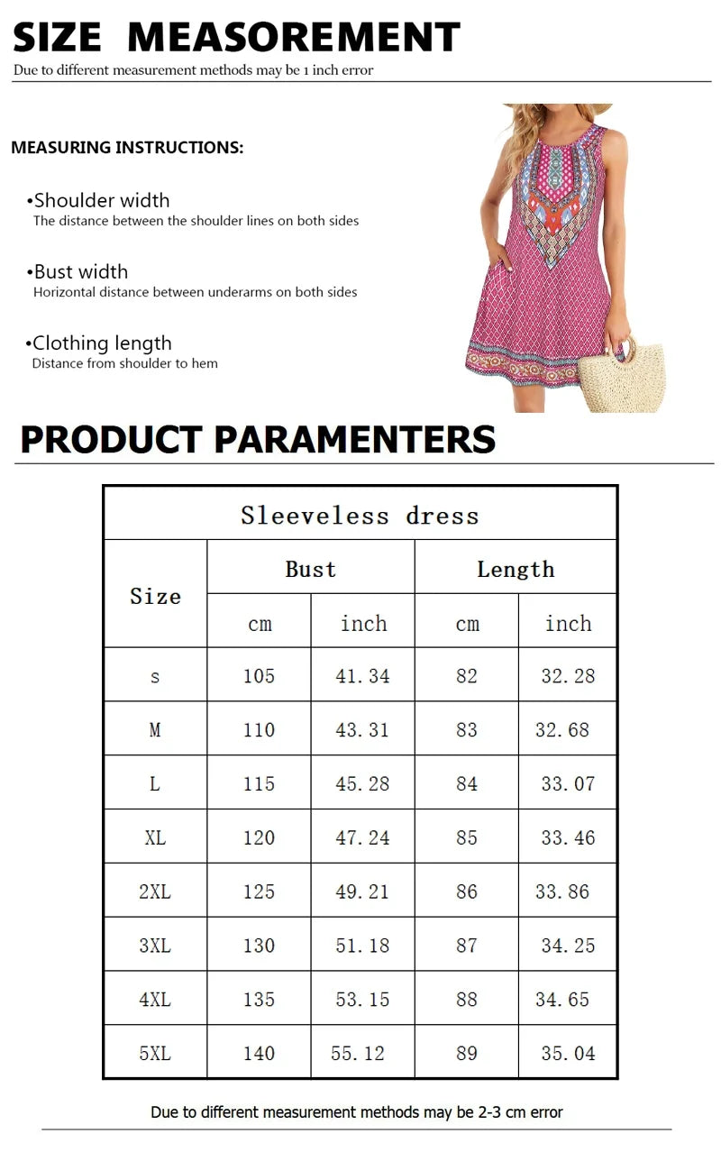 2024 Summer Boho Printed Dress - Women's Sleeveless Casual Holiday Gown O Neck Party Plus Size Fashion Dress