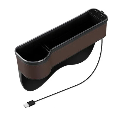 Car Crevice Storage Box with 2 USB Chargers & LED Light – Seat Gap Organizer for Phone, Cards, Bottles, and Cups