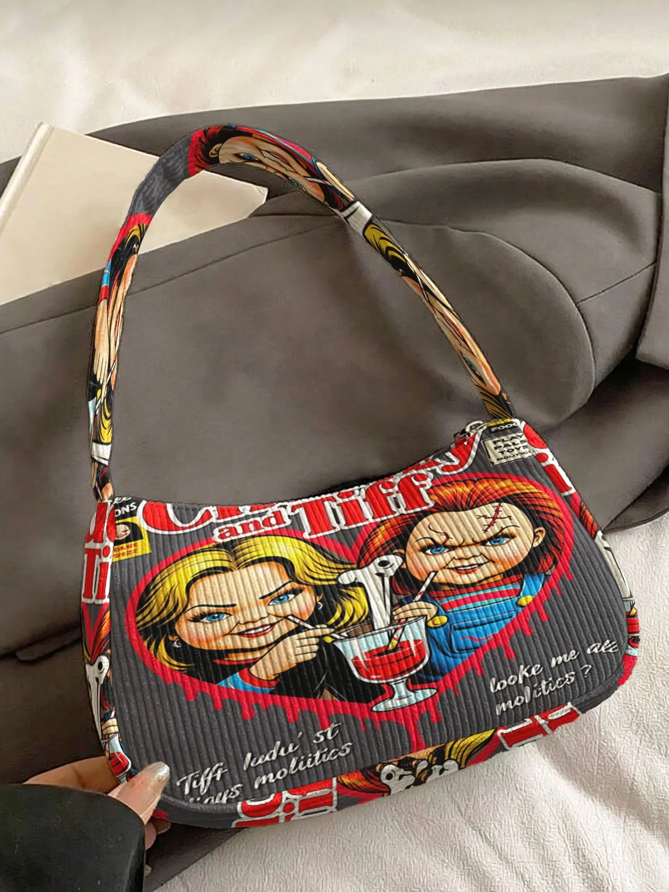 Chucky & Tiffany Print Shoulder Bag - Trendy Corduroy Underarm Bag for Daily Casual Use