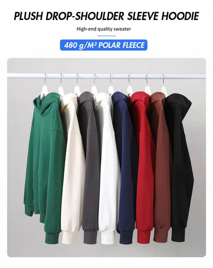 480gsm Heavyweight Cotton Fleece Hoodie – Unisex Plus Velvet Thick Pullover Sweatshirt with Hood