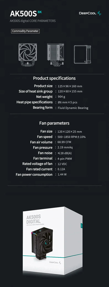 DeepCool AK500S Digital Display CPU Cooler - 5 Heat Pipes, 240W TDP, Compatible with LGA1700/1200/115X/AM4/AM5
