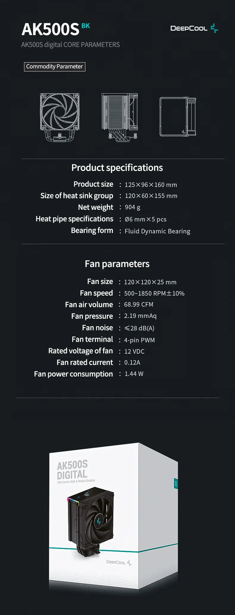 DeepCool AK500S Digital CPU Cooler – 240W TDP, 5 Heat Pipes, LED Display, Compatible with LGA1700/1200/115X, AM4/AM5