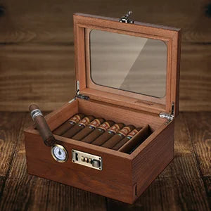Cedar Wood Cigar Humidor – Glass Top Desktop Cigar Box with Front Hygrometer, Humidifier, Divider, and Accessories Drawer