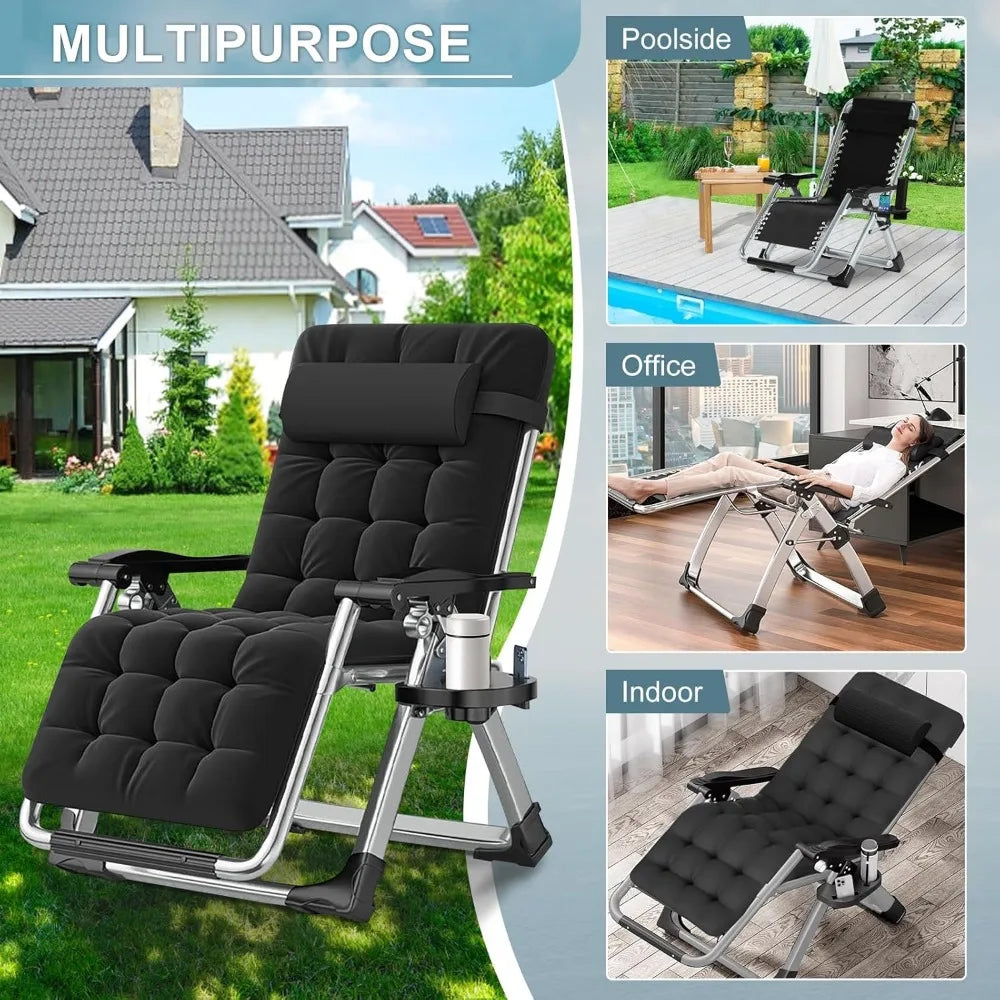 Set of 2 Zero Gravity Outdoor Lounge Chairs – Reclining Patio Sun Loungers with Cushion, Headrest & Cup Holder