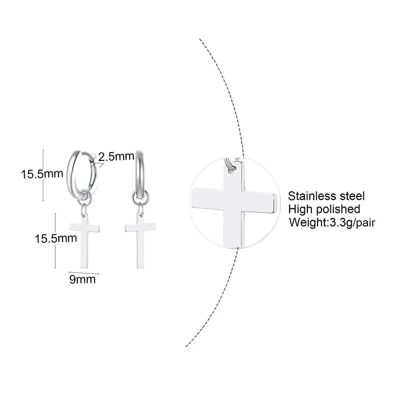 Stainless Steel Cross Charm Earrings - Men's Fashion Jewelry