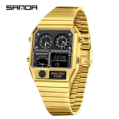 SANDA 3192 LED Electronic Men's Watch – Square Casual Multi-Function Thermometer Stopwatch Chronograph