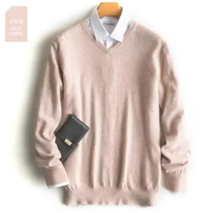 Men’s Classic V-Neck Pullover Sweater – 2024 Autumn Winter Cashmere-Cotton Blend Warm Jumper