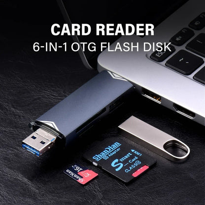 JASTER 6-in-1 USB 3.0 Card Reader – Type-C/USB TF/SD Adapter Flash Drive for Phone & Laptop