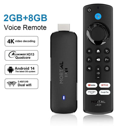 Mortal Q8 Android TV Stick Global Version – Android 14, 8K/4K Streaming, WiFi 6, Voice Remote, Netflix & YouTube Compatible
