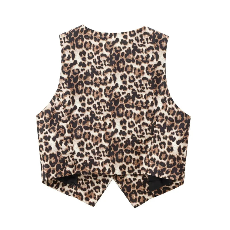Women’s Leopard Print Cropped Vest – Sleeveless Waistcoat, Fashion Streetwear Short Jacket