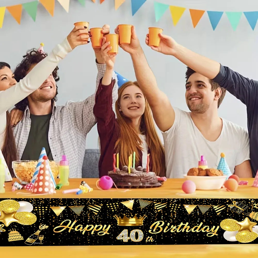 Black & Gold Birthday Table Runner – Polyester Diamond Number Crown Table Cloth for Party Centerpiece Decoration