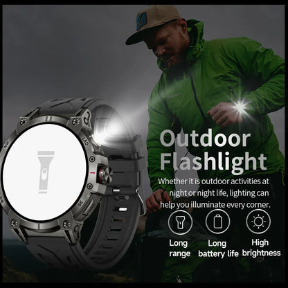 Military Smartwatch for Men – 760mAh Battery, LED Flashlight, Compass, 1.8" HD Screen, Heart Rate, Waterproof, BT Call