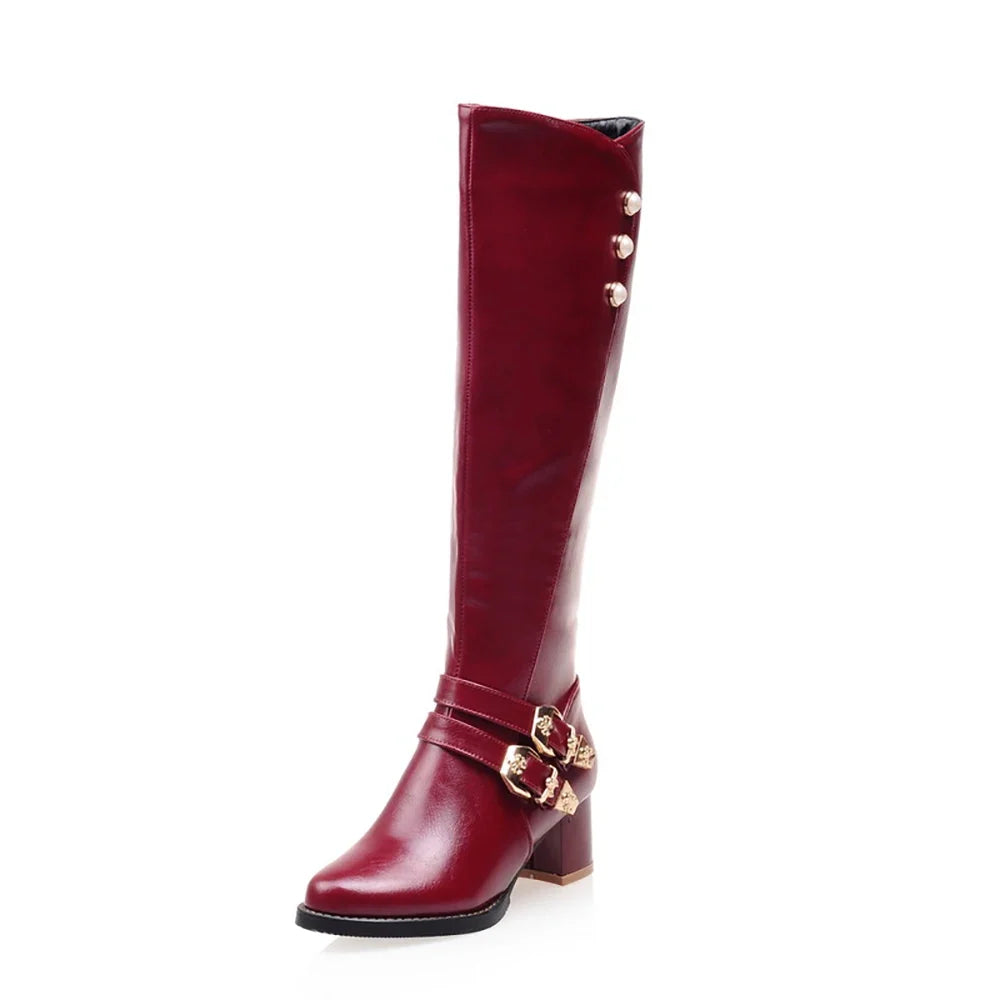 Women's Knee High Riding Boots - Winter Glamour Brown Red Chunky Heel Fashion Boots Plus Size Footwear