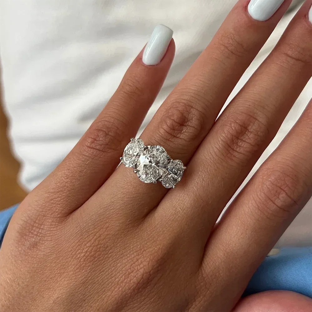 Certified 3/6cttw Real Moissanite 3-Stone Oval Engagement Ring — 925 Sterling Silver Wedding Band for Women