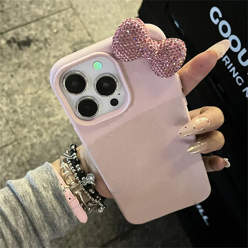 Luxury Rhinestone Bow Litchi-Texture Leather Shockproof Soft Case — Fits iPhone 17 Pro Max/16/15/14/13/12/11/X/XS/7 Plus