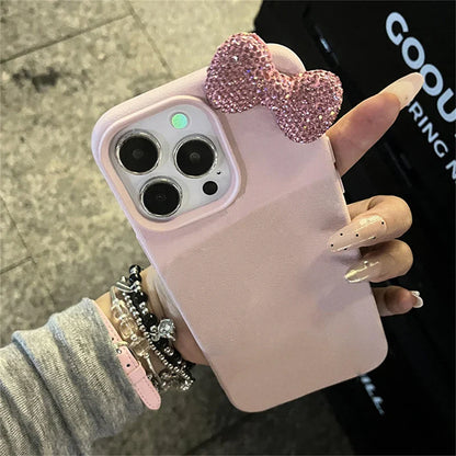 Luxury Rhinestone Bow Litchi-Texture Leather Shockproof Soft Case — Fits iPhone 17 Pro Max/16/15/14/13/12/11/X/XS/7 Plus