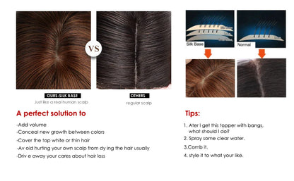 Brown Blonde Ombre Human Hair Toppers for Women – 10/12/14 Inches with Silk Base, Clips, and Bangs