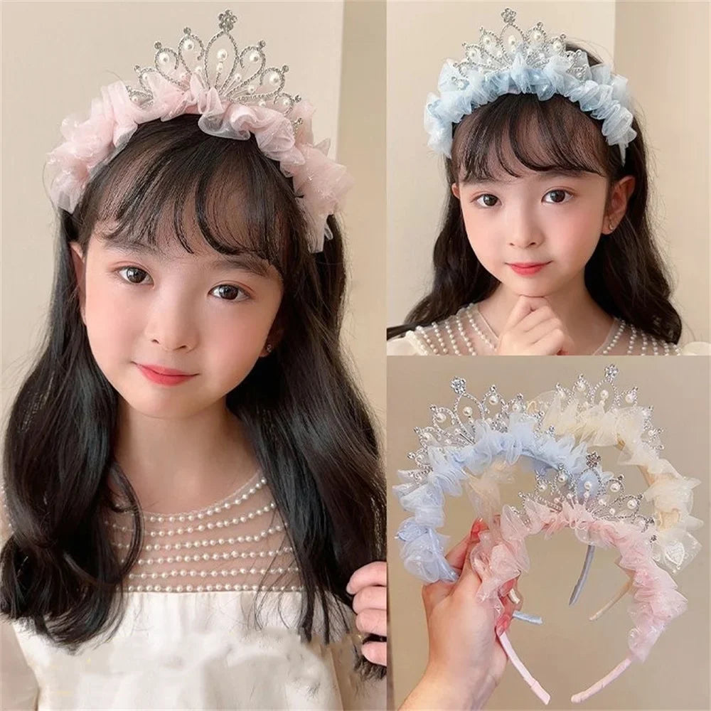 Girls Pearl Crown Headband - Sweet Princess Mesh Hair Hoop for Birthday Parties
