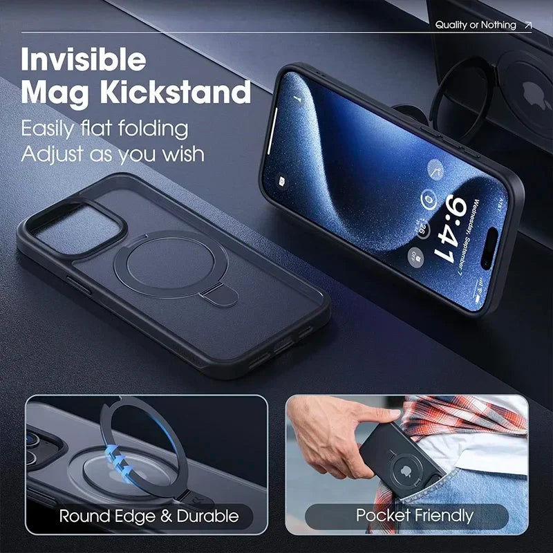 MagSafe Magnetic Metal Ring Case - Matte Protective iPhone 12-17 Pro Max Cover with Lens Protector and Stand Grip Design