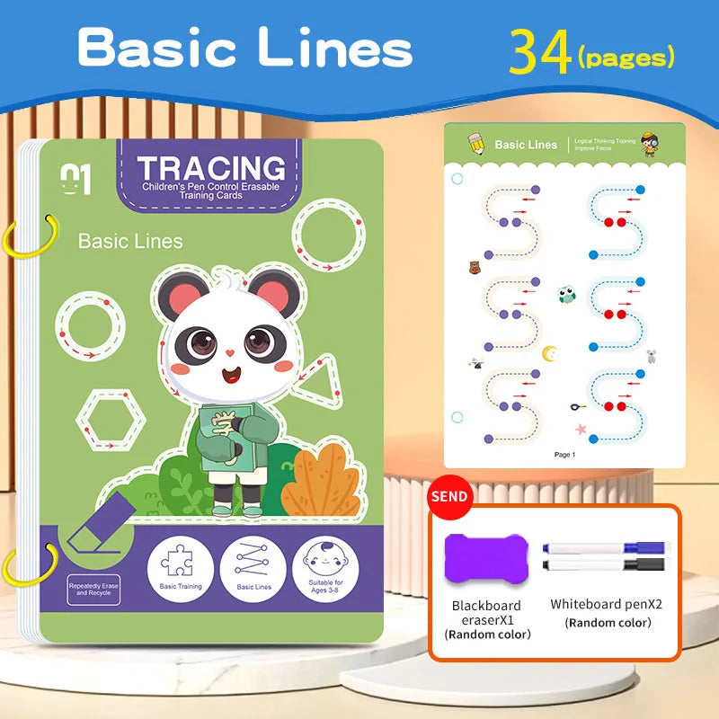 34-Page Reusable Magic Tracing Workbook - Educational Drawing & Pen Control Practice Set