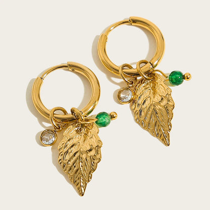 YACHAN 18K Gold-Plated Stainless Steel Hoop Earrings — Vintage Green Stone Charms, Trendy Waterproof Jewelry for Women
