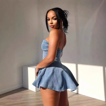 Sexy Chest Wrap Mini Dress – Women’s Sleeveless, Backless, Strapless Slim Fit A-Line Denim Dress 2024